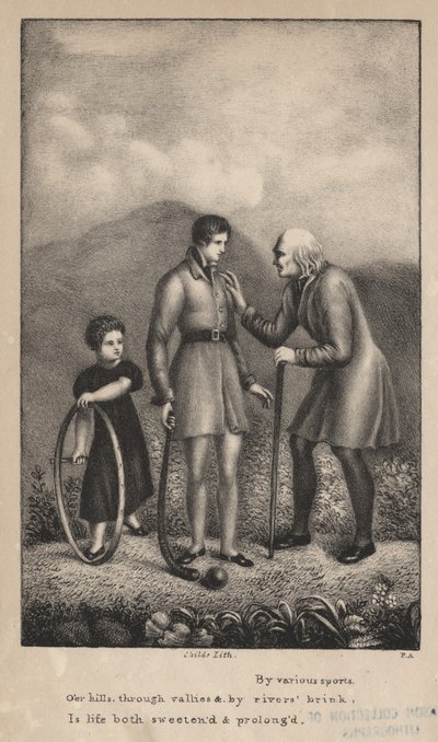 Por varios deportes, sobre las colinas, a través de los valles y por la orilla del río, la vida se endulza y se prolonga, litografía de C.G. Childs de Pietro Ancora